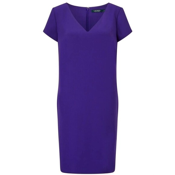 Lauren Ralph Lauren Purple Crepe Short Sleeve V Neck Shift Mini Dress, 6 - Picture 3 of 12